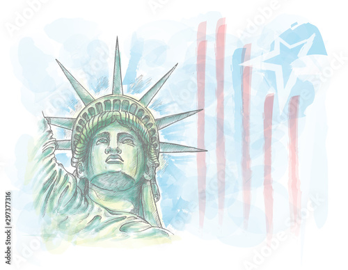 Watercolor sketch of statue of liberty face with flag