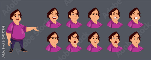 Cute fat boy character with various facial emotions. character design set for animation, motion design or something else.