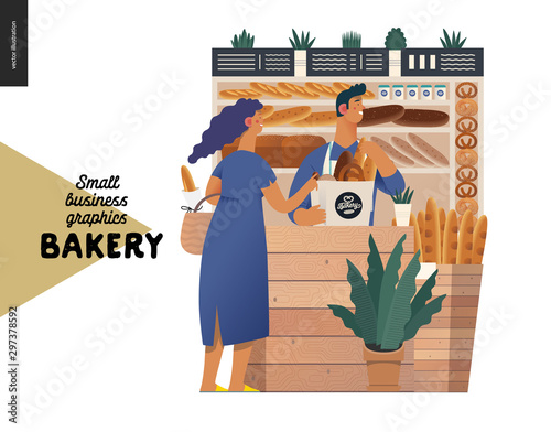 Bakery -small business illustrations -bakery vendor and buyer -modern flat vector concept illustration of a shop assistant wearing apron at the counter with display case and a woman buying bread