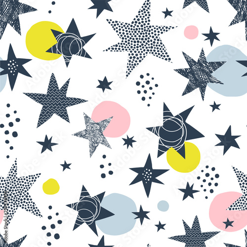 Seamless scandinavian childish pattern with stars and dots. Starry kid-like doodle backdrop . Vector illustration. Nursery decorative background with hand drawn texture for fabric, wrapping, textile