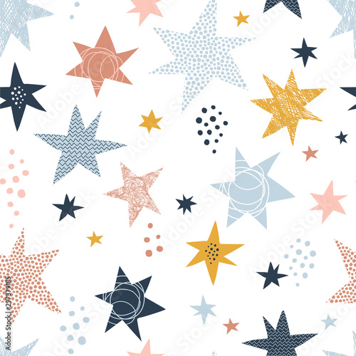 Seamless scandinavian childish pattern with stars and dots. Starry kid-like doodle backdrop . Vector illustration. Nursery decorative background with hand drawn texture for fabric  wrapping  textile
