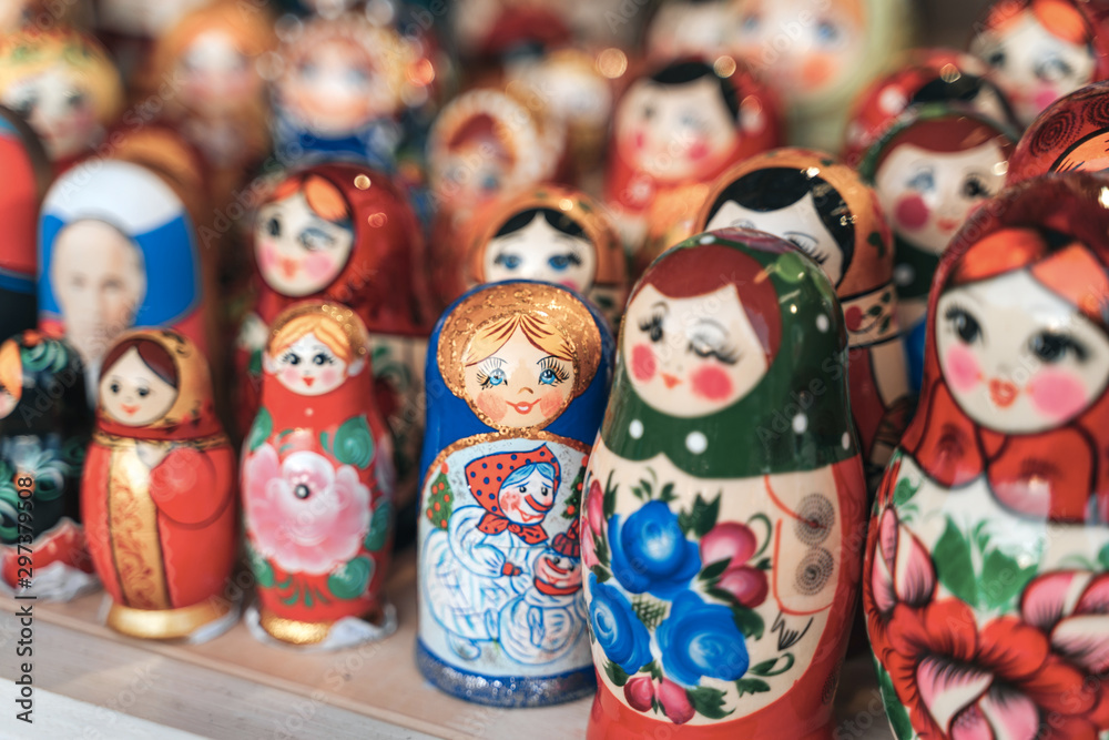 Colorful Russian nesting dolls matreshka at the market. The most popular souvenirs from Russia.