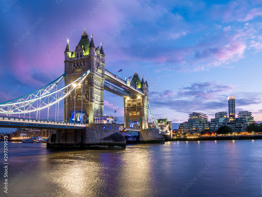 Tower of London Bridge build construct in dusk light, England, Great Britain