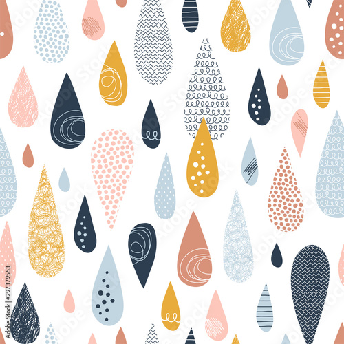 Raindrops hand drawn color vector seamless pattern. Multicolor doodle dribbles on white background. Decorative zigzag, scrabble, circle spot drops flat illustration. Textile, wrapping paper design