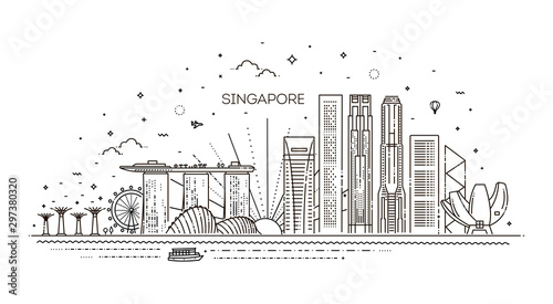 Singapore architecture line skyline illustration. Linear cityscape with famous landmarks