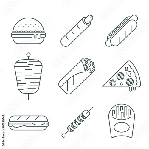 Fast food thin line icon set isolated on white background, black color for restaurants and fast food bars, for print, mobile applications and web design.