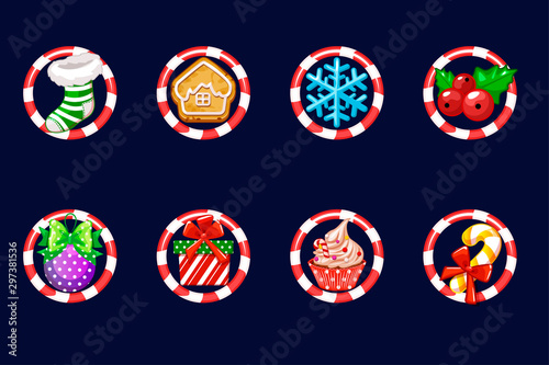 Set Christmas icons. Vector New Year decoration. Illustration of Xmas festive Christmas isolated symbols.