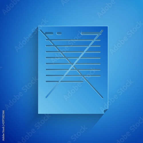 Paper cut Exam paper with incorrect answers survey icon isolated on blue background. Bad mark of test results, concept of unsuccessful report. Paper art style. Vector Illustration