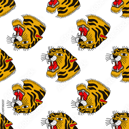 tiger seamless doodle pattern, traditional tattoo illustration