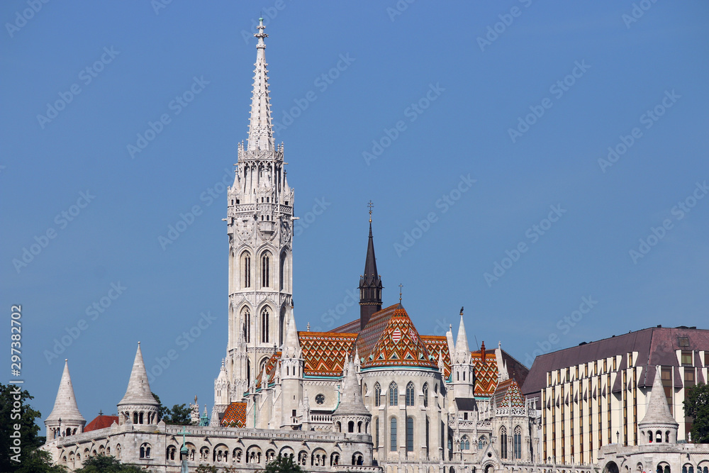 Matthias church and Fishermans bastion towers Budapest Hungary Matthias church and Fishermans bastion towers Budapest Hungary