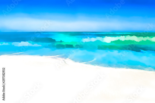 Drawing pastel sea, waves and white sand. Ocean