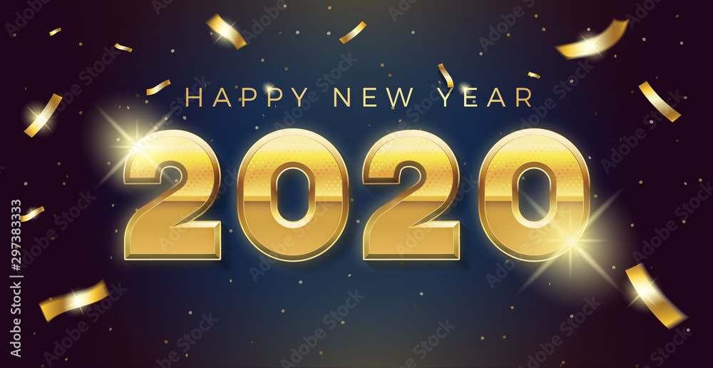 Vector Happy new year 2020 background with golden 3d text and explosion of conffeti. For seasonal holiday web banners, flyers and festive posters Vector Happy new year 2020 background with golden 3d text and explosion of conffeti. For seasonal holiday web banners, flyers and festive posters