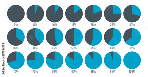 Set of colorful circle percentage diagrams for infographics, 0 5 10 15 20 25 30 35 40 45 50 55 60 65 70 75 80 85 90 95 100 percent. illustration.