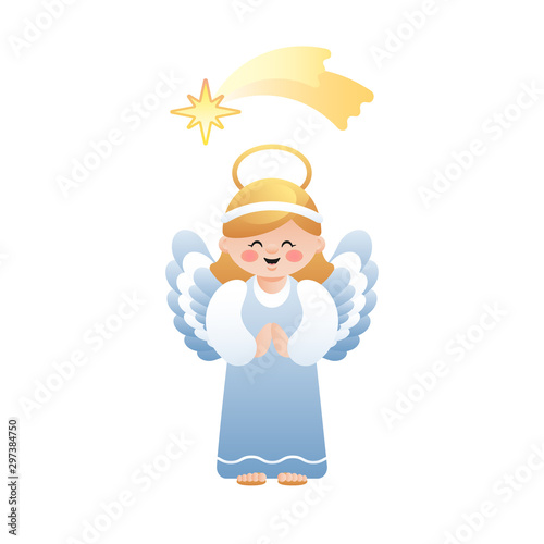 Cute illustration of Angel and the Bethlehem shooting star on white background. Vector illustration.