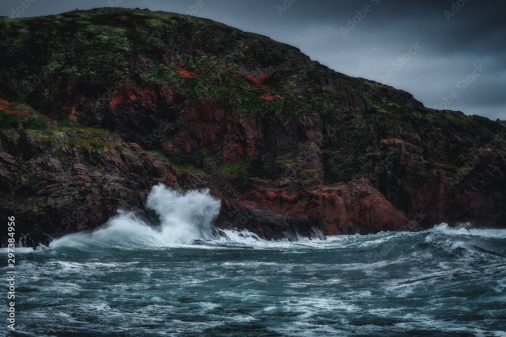 Stormy waves at Barents Sea, Arctic Ocean. Kola Peninsula, Murmansk region in Russia