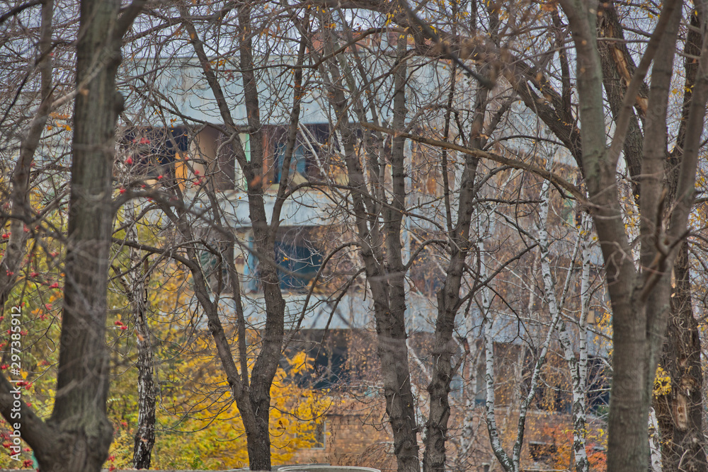 Fototapeta premium Abandoned industry building and construction, autumn