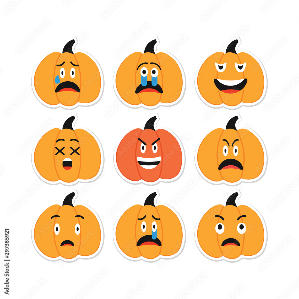 Naklejka premium Pumpkin Emoji Set. Halloween Angry Sad Pumpkins characters. Thanksgiving, Harvest planner Sticker. Anger, Sadness, Suffering Emojis Faces. Orange Squash Smiles for app, messenger.