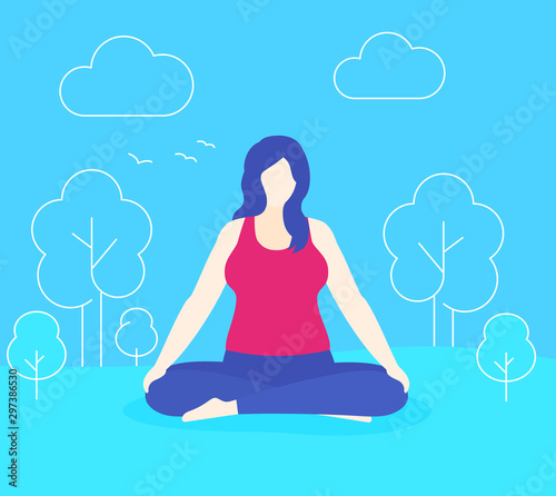 yoga, plus size woman meditates in park, vector
