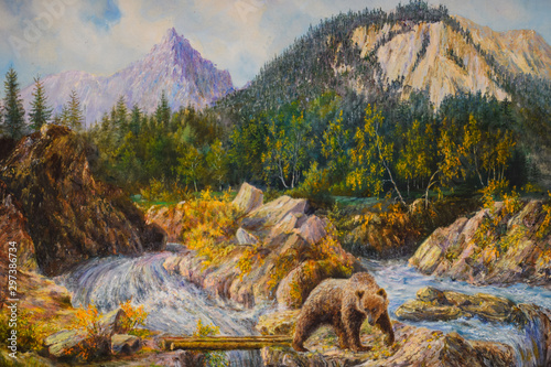 bear on the rapids of a river is fishing. oil painting on canvas.