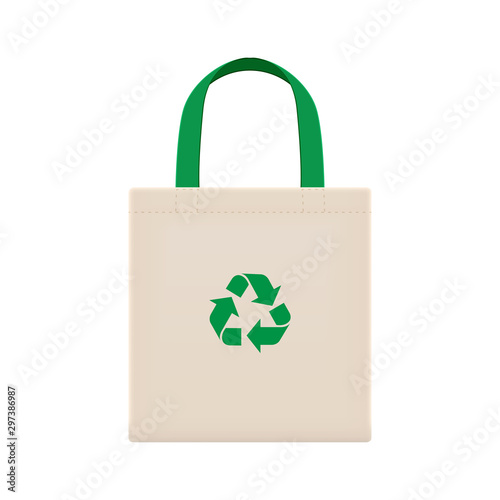 cloth eco bags blank or cotton yarn cloth bags, empty bags and green recycling symbol isolated on white, fabric cloth eco bag green empty template for campaign to use bags to reduce waste plastic