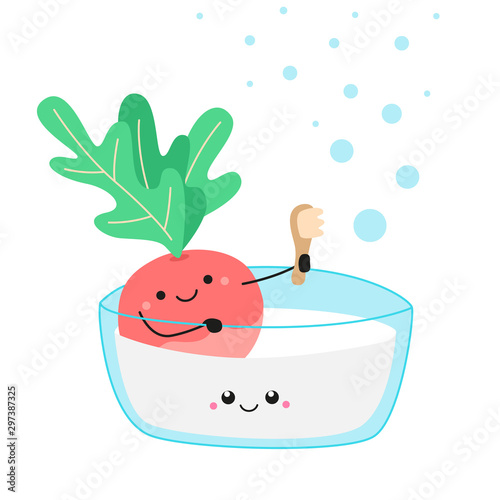 cute radish washes in a milk bath, kawaii radish, kawaii milk