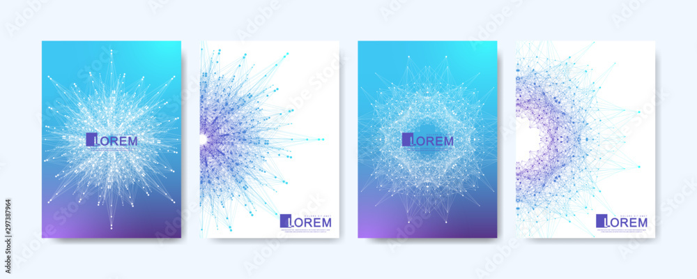 Modern vector template for brochure, leaflet, flyer, cover, banner, catalog, magazine, or annual report in A4 size. Futuristic science and technology design. Presentation with mandala. Lines plexus