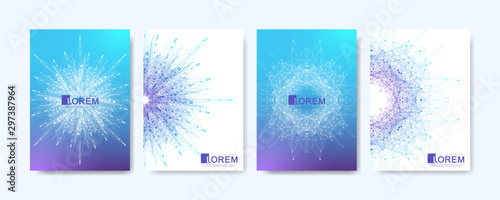 Modern vector template for brochure, leaflet, flyer, cover, banner, catalog, magazine, or annual report in A4 size. Futuristic science and technology design. Presentation with mandala. Lines plexus