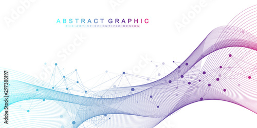 Scientific vector illustration genetic engineering and gene manipulation concept. DNA helix, DNA strand, molecule or atom, neurons. Abstract structure for Science or medical background. Wave flow