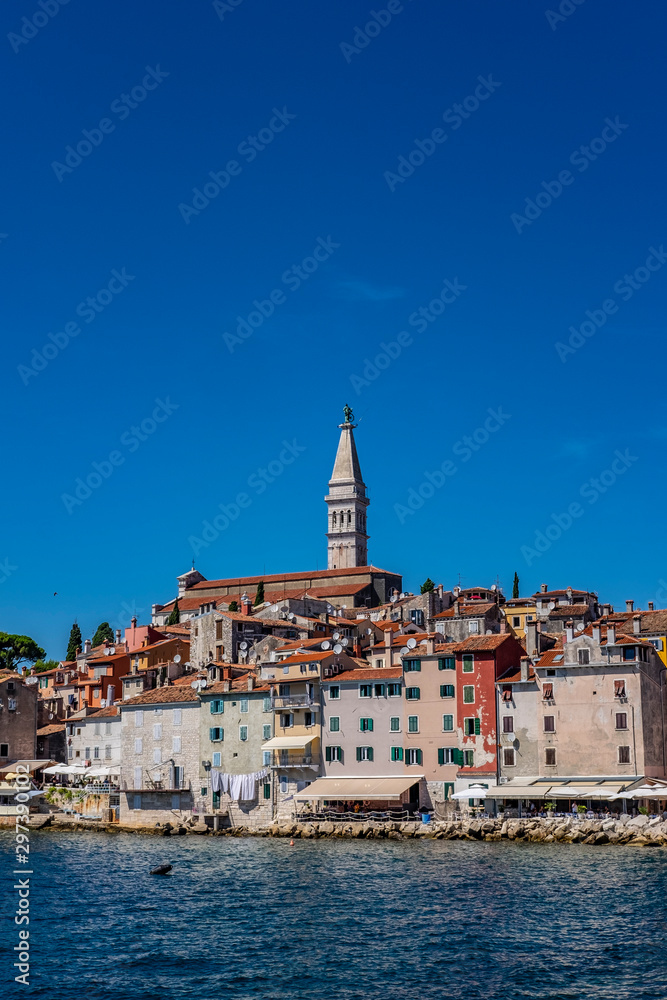Panoramic view of romantic and historic Town of Rovinj on sunny summer day, Istra, Croatia 