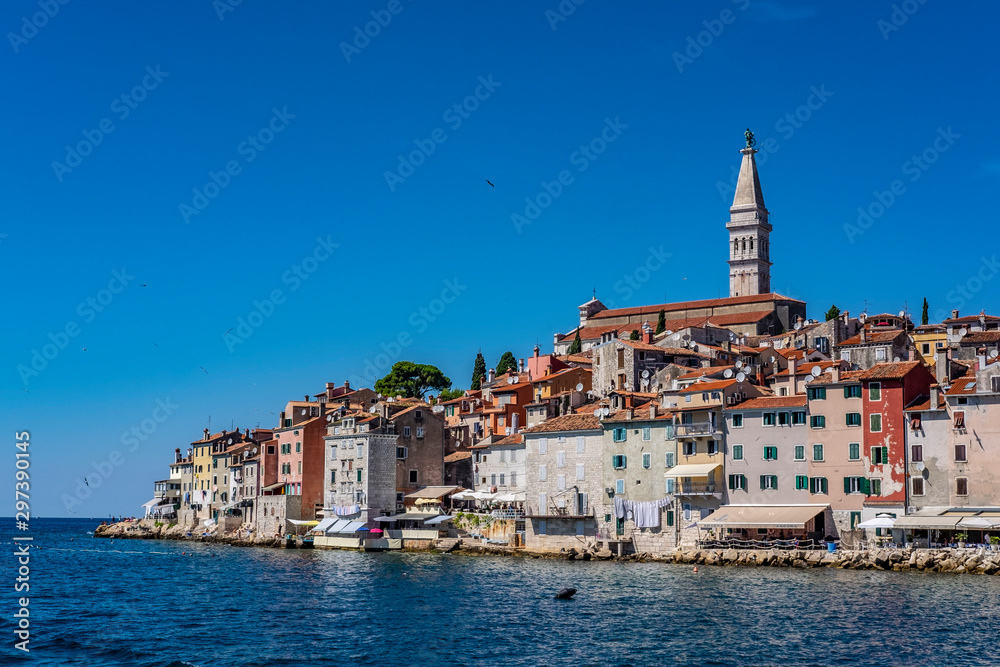 Seagulls and panoramic view of romantic and historic Town of Rovinj on sunny summer day, Istra, Croatia