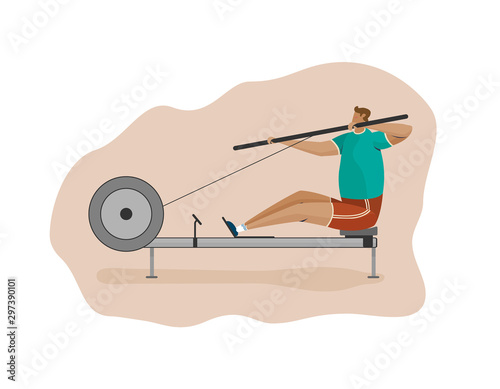 character man rower on kayak machine flat illustration