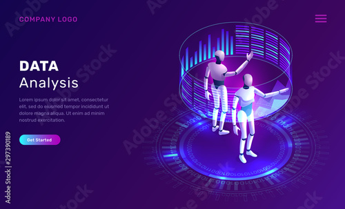 Data analysis, artificial intelligence isometric concept vector illustration. Two robots or cyborgs analyze information on a holographic virtual screen with graphs and diagrams, future technology