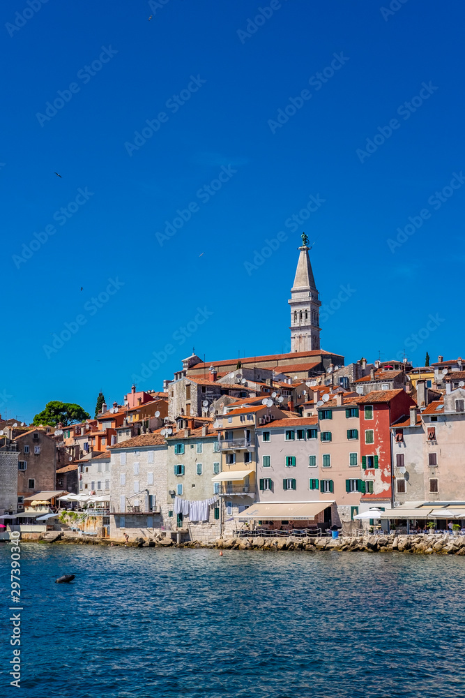 Panoramic view of romantic and historic Town of Rovinj on sunny summer day, Istra, Croatia