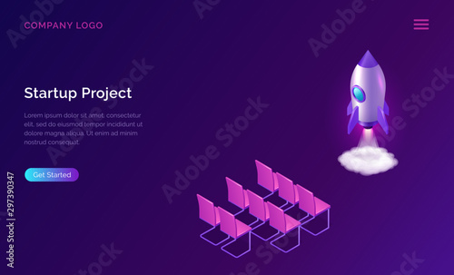 Business start up presentation isometric concept vector illustration. Rocket taking off with fire and smoke and empty audience chairs on ultraviolet background. Spaceship launching purple web page