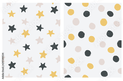 Bright Seamless Vector Patterns with Irregular Hand Drawn Stars and Dots. Black, Yellow and Beige Dots and Stars Isolated on a Off White Background. Dotted and Starry Vector Print for Fabric, Textile.