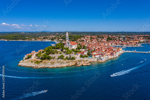 Aerial panoramic view of romantic and historic Town of Rovinj on sunny summer day, Istra, Croatia