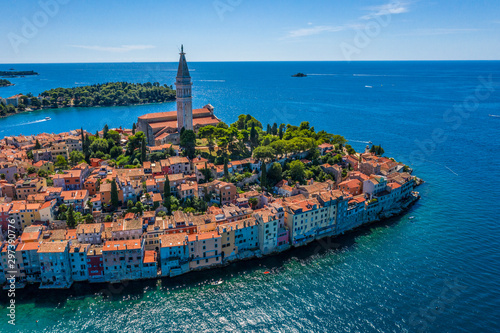 Aerial panoramic view of romantic and historic Town of Rovinj on sunny summer day, Istra, Croatia photo