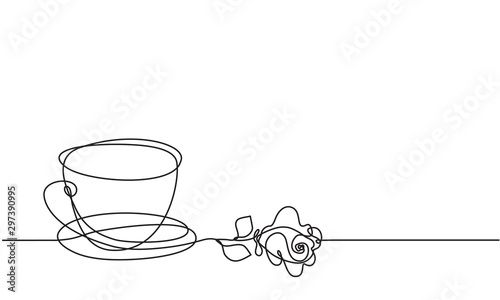 Cup and rose flower. Continuous line drawing. Sketch. Tea or coffee