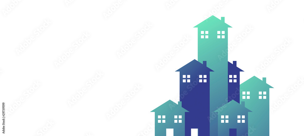 gruppo, case, municipio, villaggio, città, case, abitazioni,