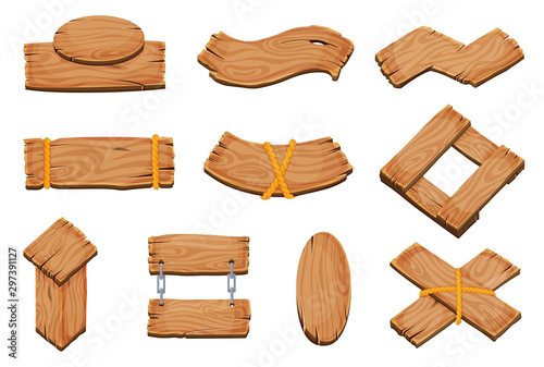 Cartoon wood blank signboards, banners and ribbons, western signs vector set. Wooden banner and vintage frame plank illustration.