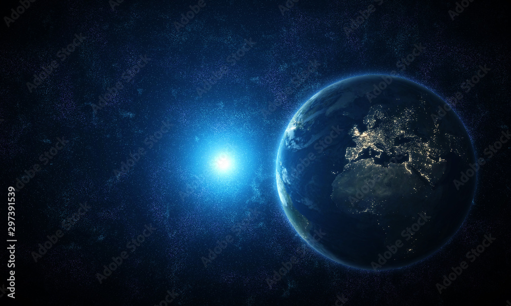 View of Planet Earth from space during a sunrise. Europe at night viewed from space at night with city lights. 3D render. - Illustration 