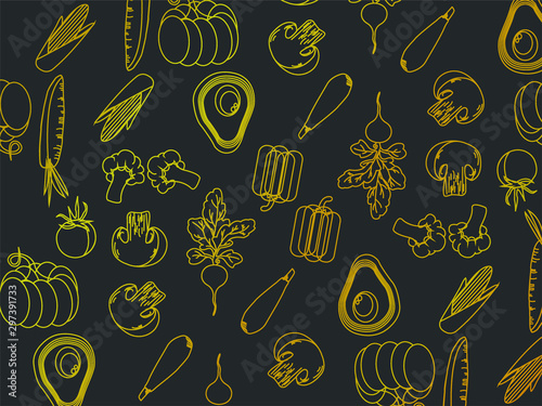 Avocado,radish,marrow,pepper,corn,broccoli,carrot,champignon,pumpkin,tomato sketch of organic natural vegetable.Colorful vector illustration for promotion;agriculture themes. background pattern