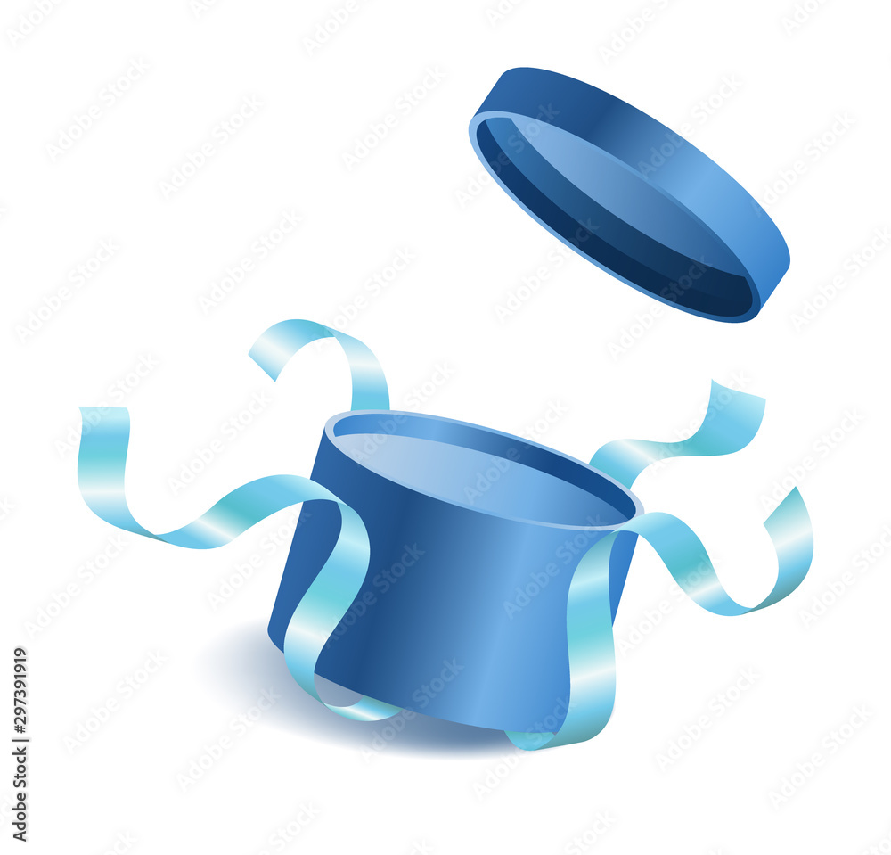 Blue opened 3d realistic round gift box with flying off cover and ribbons and place for your text, realistic box vector illustration.