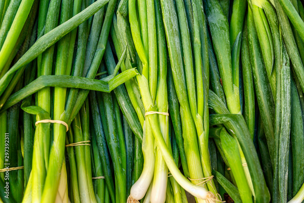 Fototapeta premium Green onions on a market counter. Close-up. Background. Space for text.