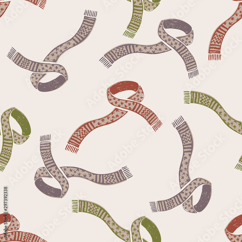Seasonal Winter Warmer Knitted Scarf Seamless Pattern. Holiday background with Hand Drawn Fringe. Isolated Flat Color Doodle Icon. Scandi Hygge Knit. Muted Homespun Scandinavian style. Vector EPS10