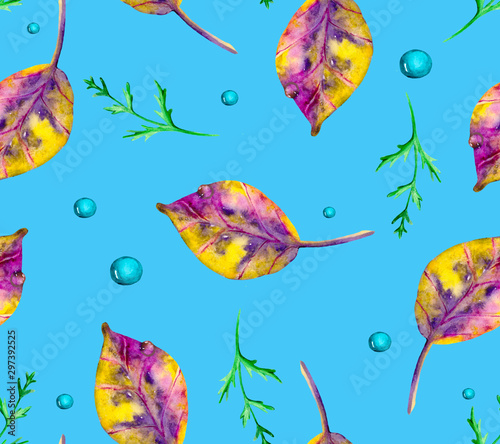 Seamless background with yellow autumn leaves and green stems. Watercolor illustration for textiles, packaging and Botanical backgrounds.
