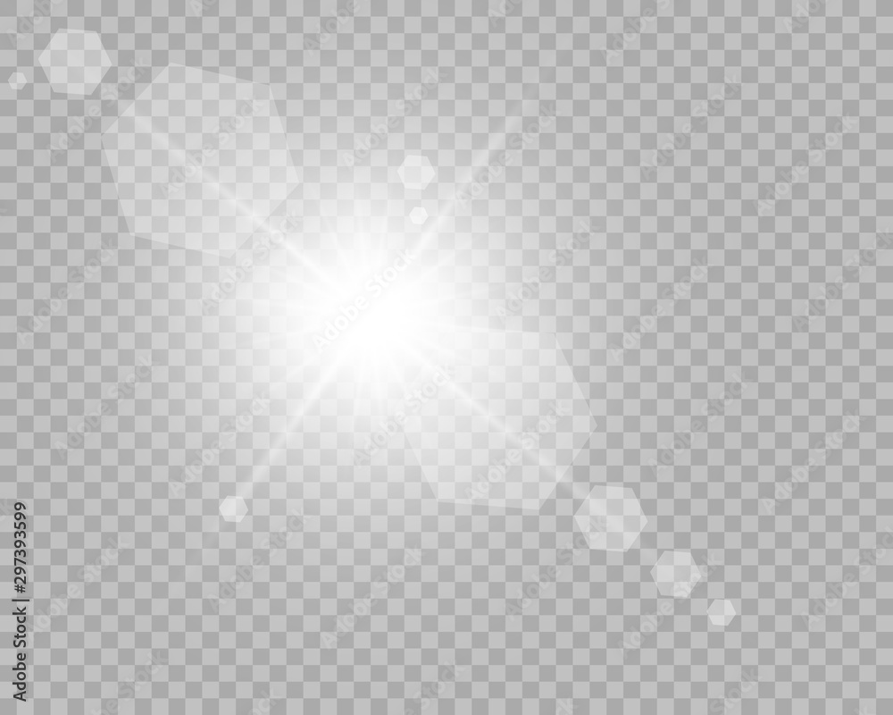 Special lens flash, light effect. The flash flashes rays and searchlight. White glowing light. Beautiful star Light from the rays. The sun is back-lit. Bright beautiful star. Sunlight. Glare. - obrazy, fototapety, plakaty 