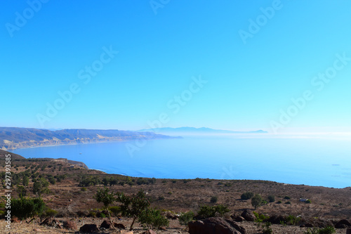 Beautiful view of the sea. Clear blue sky. Shore