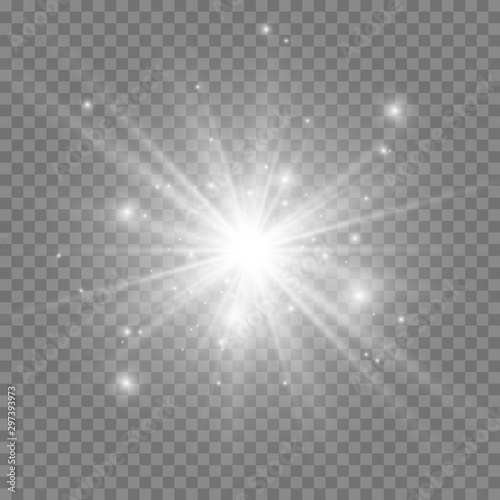 Special lens flash, light effect. The flash flashes rays and searchlight. White glowing light. Beautiful star Light from the rays. The sun is back-lit. Bright beautiful star. Sunlight. Glare.