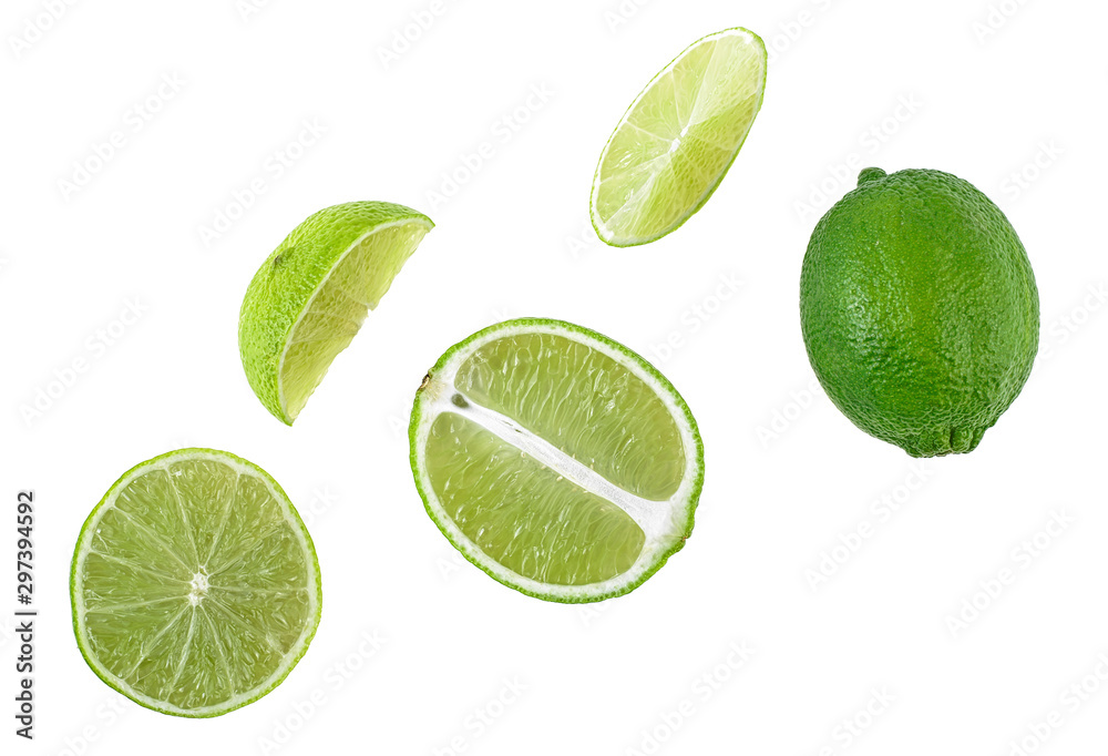 Set of lime fruits isolated on white background,  whole and slices. Top view.